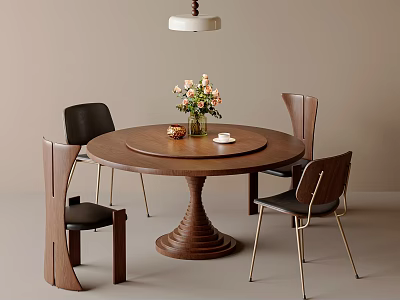 Round Wooden Dining Table And Chairs With Unique Base Flower Vase And Modern Pendant Light 3d model