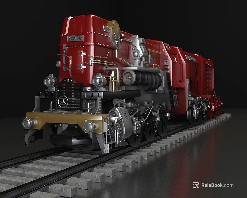 Red Steam Train Locomotive With Detailed Metal Design And Wheels On Railway Tracks 3d model 