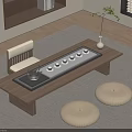 Modern Wooden Tea Table and Chairs with Tea Tray Vase Green Plant and Wicker Cushions