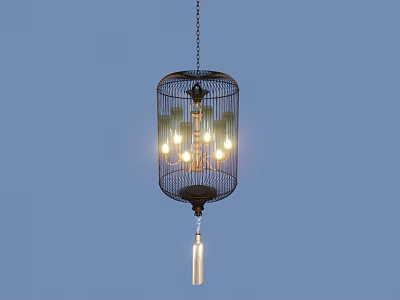 Birdcage Shaped Black Frame Chandelier With Illuminated Bulbs And Hanging Tassel 3d model
