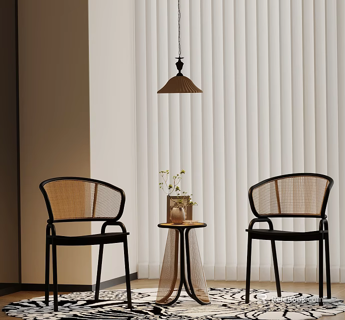 Two Rattan Chairs With Black Frames And Small Side Table In Minimalist Room 3d model 