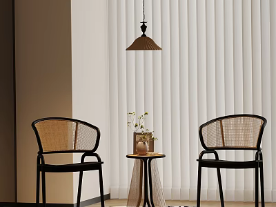 Two Rattan Chairs With Black Frames And Small Side Table In Minimalist Room 3d model