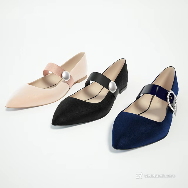 Pointed Toe Flat Shoes With Pearl Decorated Straps In Pink Black Navy 3d model 