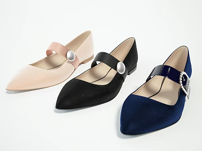 Pointed Toe Flat Shoes With Pearl Decorated Straps In Pink Black Navy 3d model