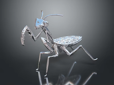 Silver Metal Mantis Sculpture with Intricate Geometric Design and Reflective Surface 3d model