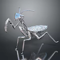 Silver Metal Mantis Sculpture with Intricate Geometric Design and Reflective Surface
