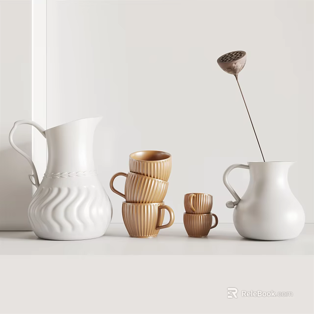 Stylish Ceramic Tea Set with Stacked Brown Cups and White Pitcher for Minimalist Modern Decor 3d model 