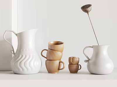 Stylish Ceramic Tea Set with Stacked Brown Cups and White Pitcher for Minimalist Modern Decor 3d model
