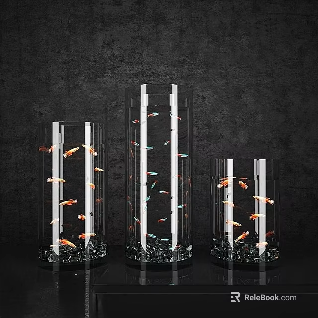 Transparent Glass Cylindrical Pendant Lights With Goldfish Decorations On Dark Background 3d model 