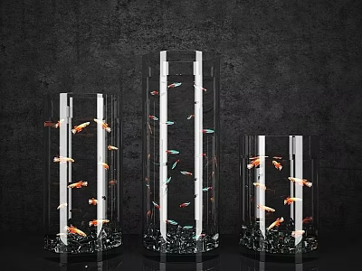 Transparent Glass Cylindrical Pendant Lights With Goldfish Decorations On Dark Background 3d model