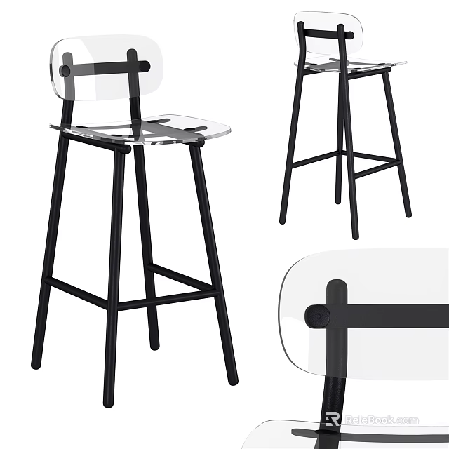 Modern Transparent Bar Stools With Black Metal Frame And Comfortable Seat 3d model 