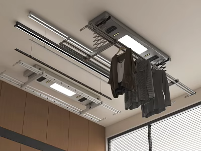 Modern Indoor Ceiling Mounted Clothes Drying Rack With Built In Lights And Hanging Clothes 3d model