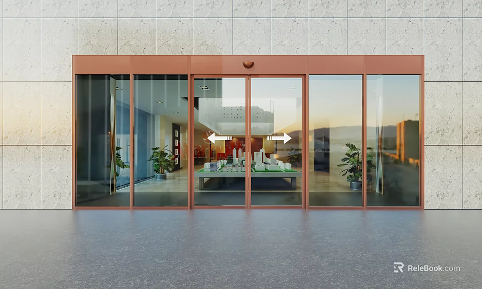 Modern Building Entrance With Automatic Glass Doors Stone Wall And Indoor Plants 3d model 