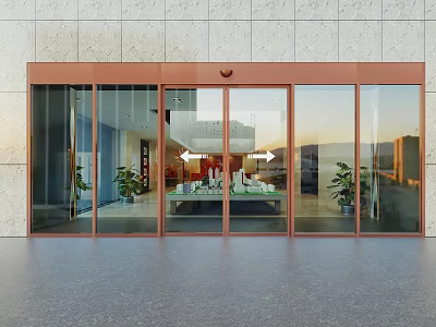 Modern Building Entrance With Automatic Glass Doors Stone Wall And Indoor Plants 3d model