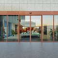 Modern Building Entrance With Automatic Glass Doors Stone Wall And Indoor Plants