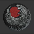 Circular Silver Phoenix Sculpture With Red Background And Wave Patterns