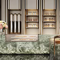 Modern Elegant Sales Office With Reception Desk Marble Countertop Golden Decorations Green Plants And Chandeliers