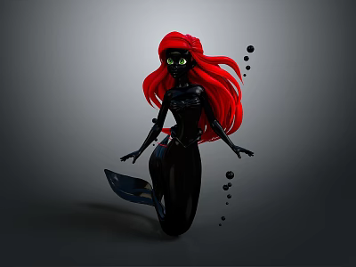 Enchanting Mermaid Character With Red Hair Green Eyes In Black Outfit And Floating Bubbles 3d model