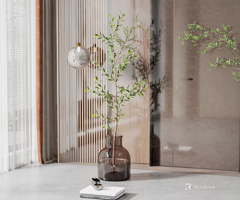 Brown Glass Vase With Green Leafy Branches In Modern Indoor Decor With Soft Lighting 3d model 