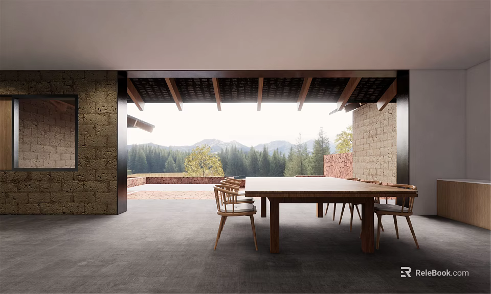Hotel Public Lounge Area Featuring Wooden Beamed Ceiling Stone Walls And Panoramic Mountain Landscape View 3d model 