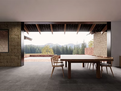 Hotel Public Lounge Area Featuring Wooden Beamed Ceiling Stone Walls And Panoramic Mountain Landscape View 3d model