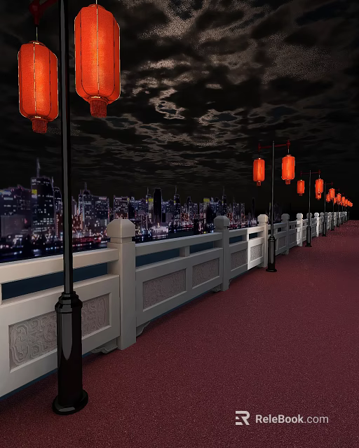 Night Bridge View With Red Lanterns City Skyline White Railings and Red Carpet 3d model 