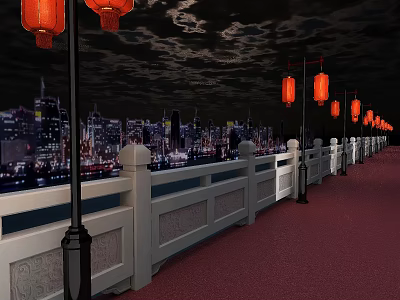 Night Bridge View With Red Lanterns City Skyline White Railings and Red Carpet 3d model