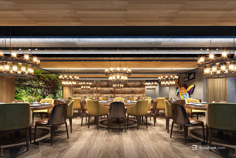 Modern Restaurant Interior With Wooden Ceiling Chandeliers Yellow Chairs Dining Tables And Green Plants 3d model 