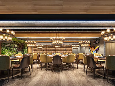 Modern Restaurant Interior With Wooden Ceiling Chandeliers Yellow Chairs Dining Tables And Green Plants 3d model