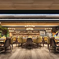 Modern Restaurant Interior With Wooden Ceiling Chandeliers Yellow Chairs Dining Tables And Green Plants