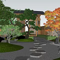 Traditional Garden Landscape Design with Pine Trees Stone Path Wooden Fence and Outdoor Seating