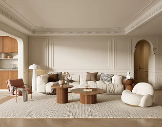 French Middle Style Living Room Sofa Coffee Table Combination Fabric Sofa Decorative Cabinet Chandelier Decorative Painting Leisure Chair 3d model