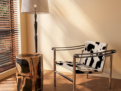 Cozy Accent Chair Cow Print Upholstery Metal Frame Wooden Side Table Floor Lamp Natural Light 3d model