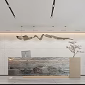 Modern Reception Desk Interior Design With Marble Counter And Decorative Lighting Elements 3d model
