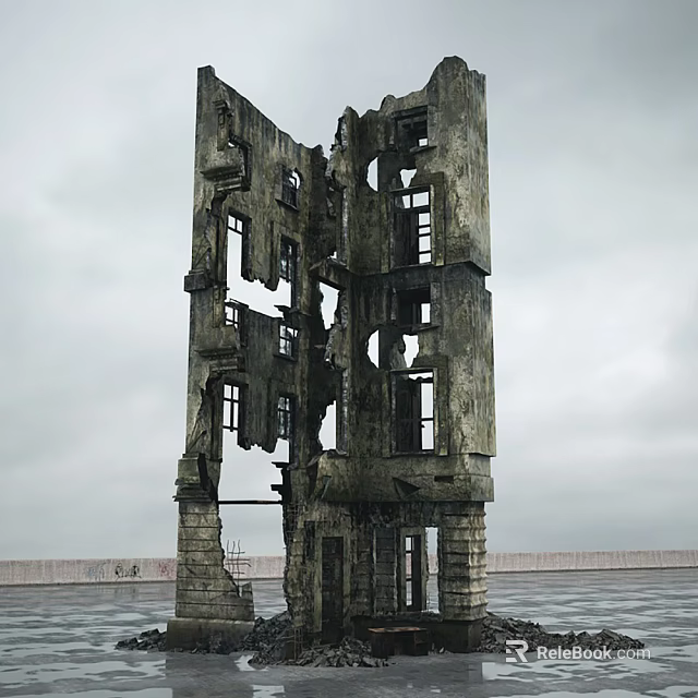 Ruined Building Structure With Weathered Window Frames And Concrete Stone Construction 3d model 