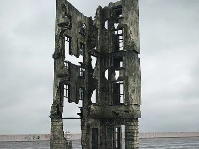 Ruined Building Structure With Weathered Window Frames And Concrete Stone Construction 3d model