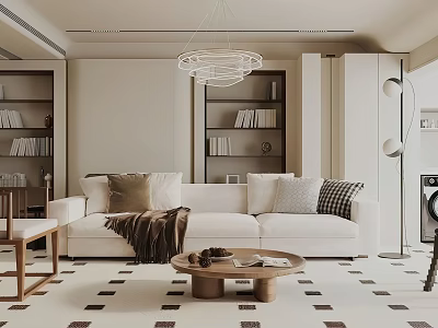 Modern Living Room Interior With White Sofa Throw Pillows Wooden Coffee Table Bookshelves And Chandelier 3d model