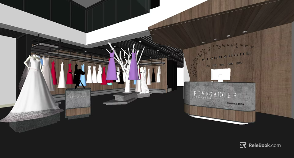 Elegant Bridal Shop Interior With Various Colored Wedding Dresses And Display Tree 3d model 
