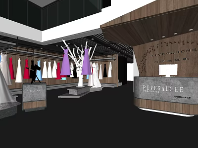 Elegant Bridal Shop Interior With Various Colored Wedding Dresses And Display Tree 3d model