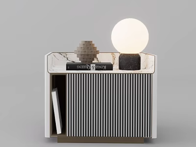 Modern Black And White Striped Bedside Table With Round Lamp Books And Decorative Object 3d model