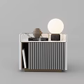 Modern Black And White Striped Bedside Table With Round Lamp Books And Decorative Object