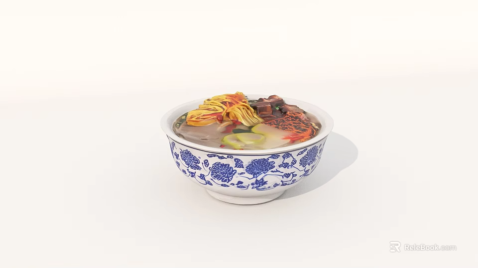 Delicious Noodle Soup in Blue and White Patterned Bowl with Meat and Vegetables 3d model 