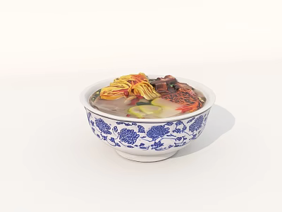 Delicious Noodle Soup in Blue and White Patterned Bowl with Meat and Vegetables 3d model