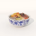 Delicious Noodle Soup in Blue and White Patterned Bowl with Meat and Vegetables