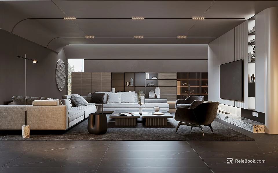Modern Living Room Interior With Sofa Coffee Table TV Lighting And Bookshelf 3d model 
