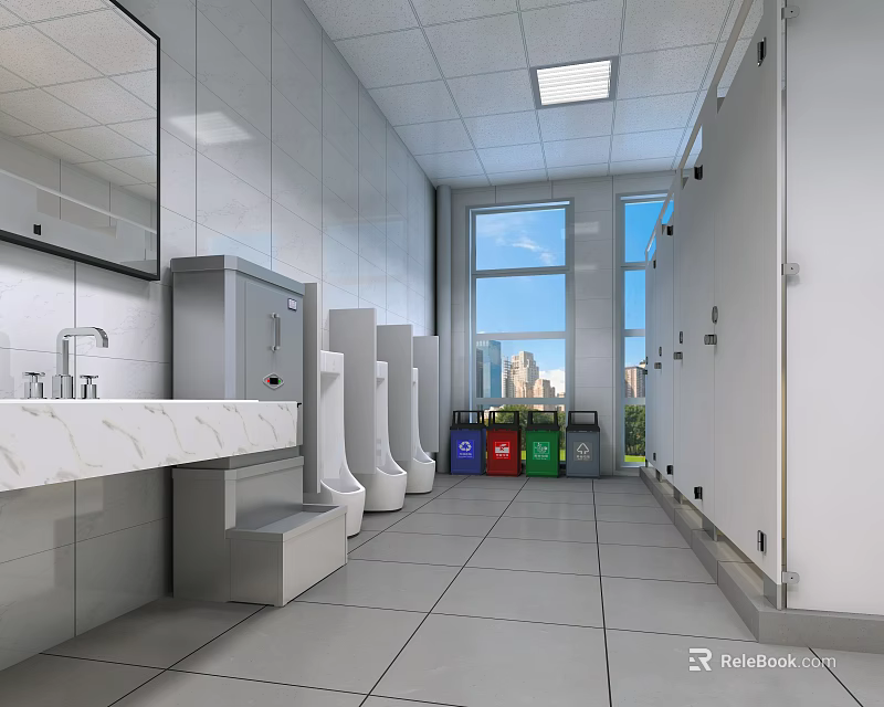 Modern Public Restroom Interior With Urinals Sink Counter Stalls And City View Window 3d model 