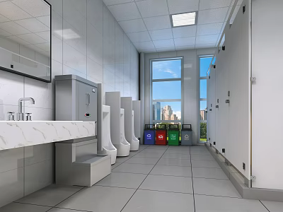 Modern Public Restroom Interior With Urinals Sink Counter Stalls And City View Window 3d model