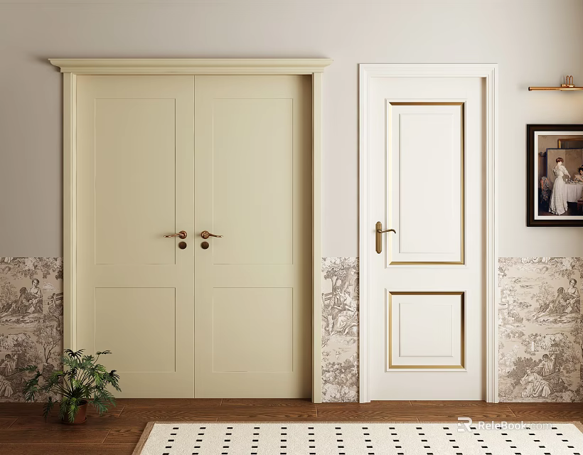 Hinged Doors Double Single Panel Cream White Design Marble Wall Green Plant Carpet 3d model 