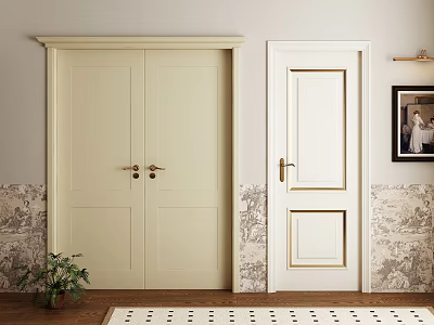 Hinged Doors Double Single Panel Cream White Design Marble Wall Green Plant Carpet 3d model