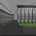 Modern Indoor Locker Room Featuring Green Countertops And Neatly Arranged Gray Metal Lockers
